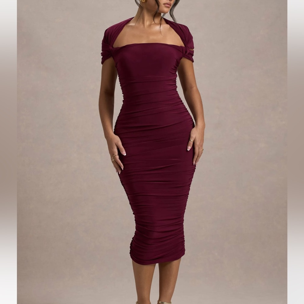 Burgundy Ruched Short-Sleeve Midi Dress